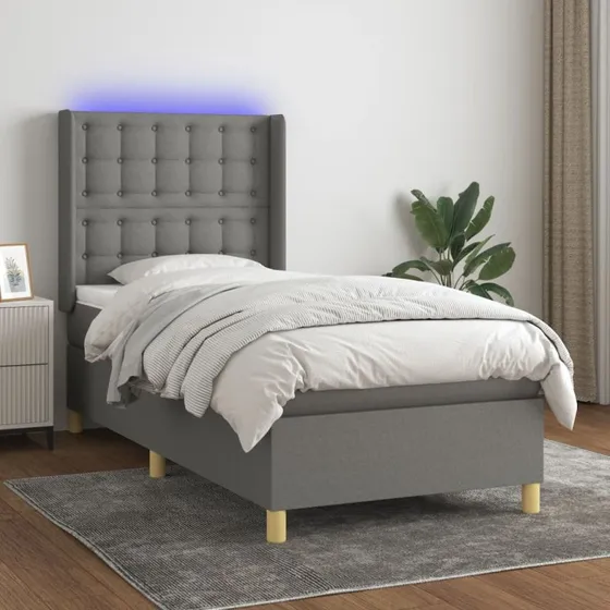 Kontinentalseng 100x200 cm med LED-lys, mørkegrå stof