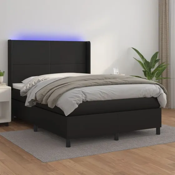 Kontinentalseng 140x200 i sort kunstlæder med LED-lys