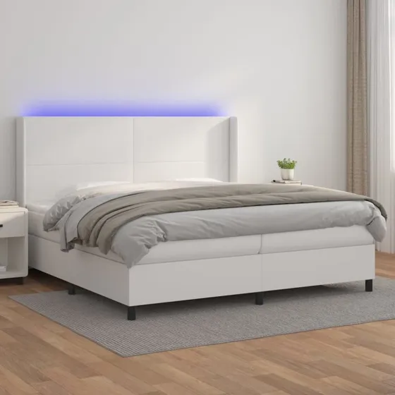 Kontinentalseng 200x200 cm med LED-lys i hvidt kunstlæder