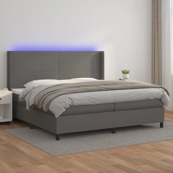 Kontinentalseng 200x200 cm i gråt kunstlæder med LED