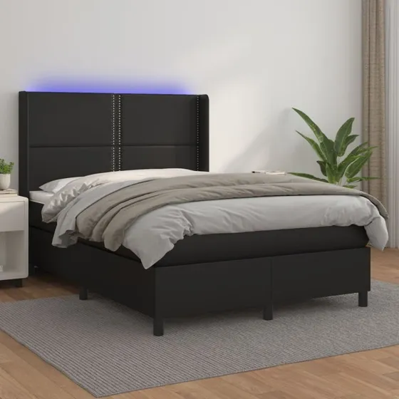 Kontinentalseng 140x200 med LED-lys i sort kunstlæder