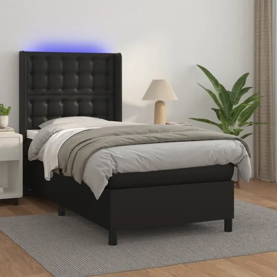 Kontinentalseng 80x200 med madras og LED-lys - sort kunstlæder