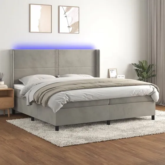 Kontinentalseng 200x200 cm i lysegrå fløjl med LED