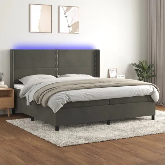 Kontinentalseng 200x200 cm i mørkegrå fløjl med LED