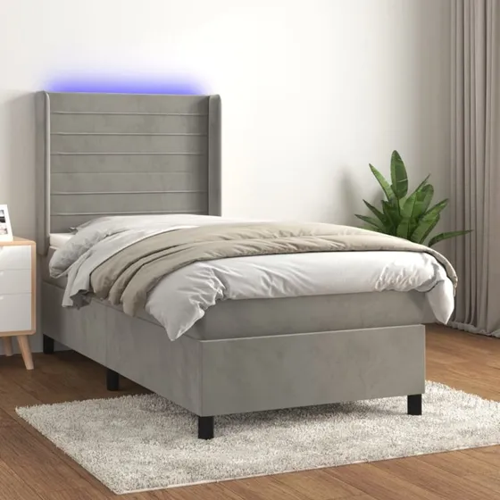Kontinentalseng 80x200 cm i lysegrå velour med LED