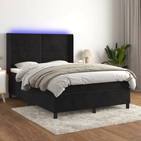 Kontinentalseng 140x190 cm i sort fløjl med LED-lys