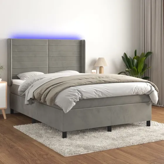 Kontinentalseng 140x200 i fløjl med LED-lys (lysegrå)