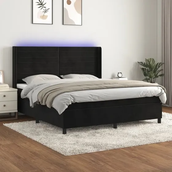 Kontinentalseng 180x200 cm i sort fløjl med LED-lys