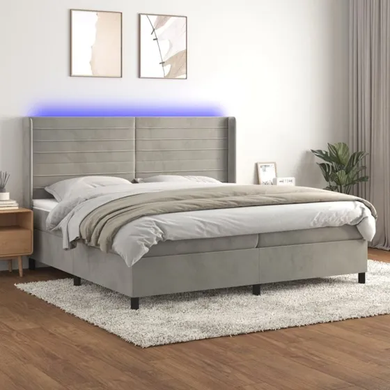 Kontinentalseng 200x200 cm i lysegrå fløjl med LED-lys