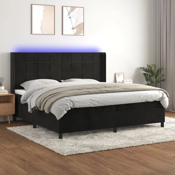Kontinentalseng 200x200 cm i sort fløjl med LED-lys