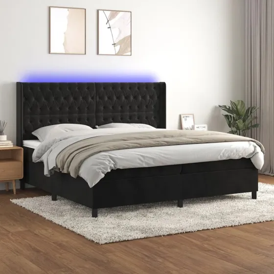 Kontinentalseng 200x200 cm i sort fløjl med LED-lys