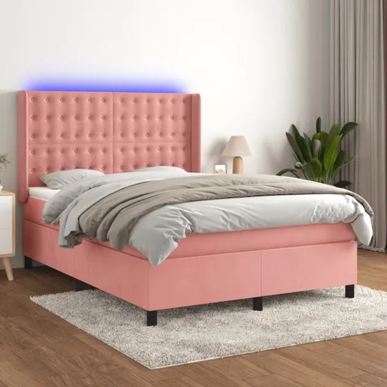 Kontinentalseng 140x200 cm i lyserød fløjl med LED-lys