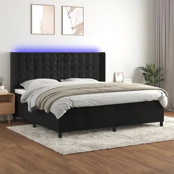 Kontinentalseng 200x200 cm i sort fløjl med LED-lys