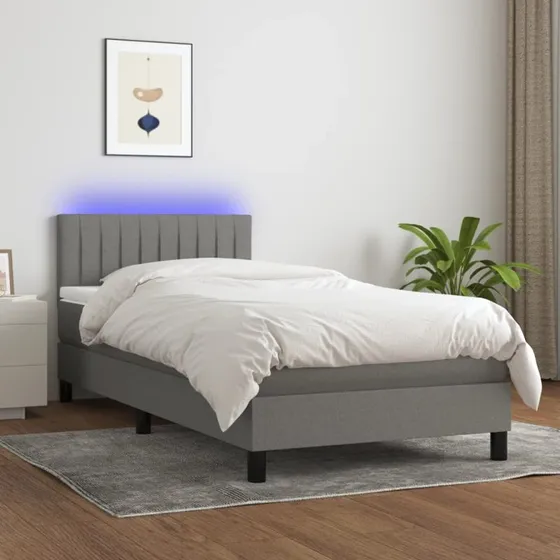 Kontinentalseng 90x190 cm i mørkegråt stof med LED-lys