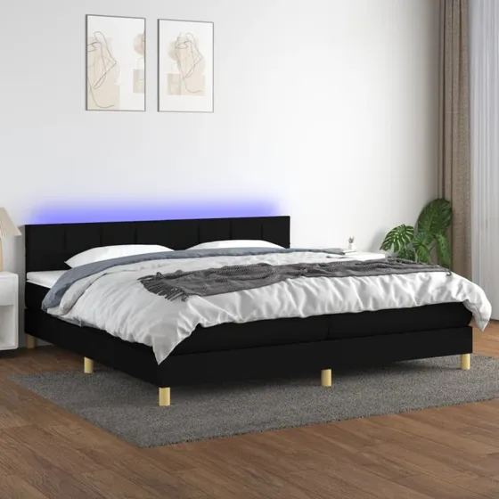 Kontinentalseng 200x200 cm i sort stof med LED-lys