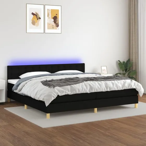 Kontinentalseng 200x200 cm med LED-lys, sort stof
