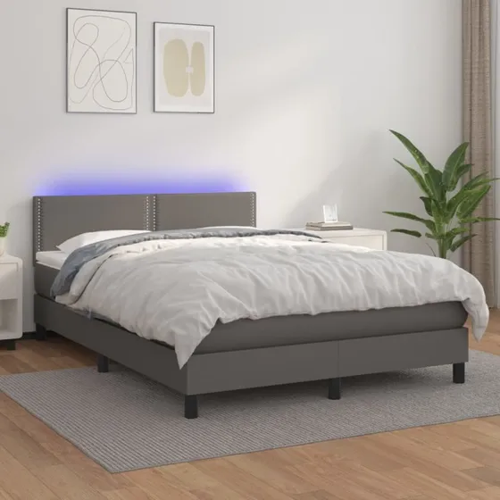 Kontinentalseng 140x190 cm i gråt kunstlæder med LED-lys
