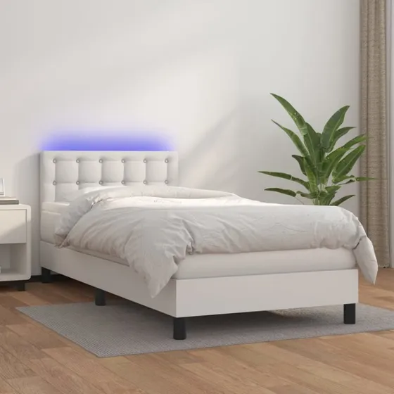 Kontinentalseng 90x190 cm med LED i hvidt kunstlæder