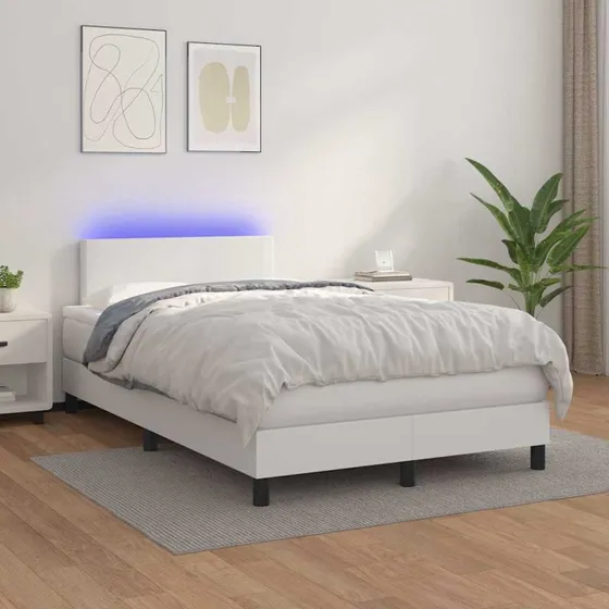 Kontinentalseng 120x200 cm i hvidt kunstlæder med LED-lys