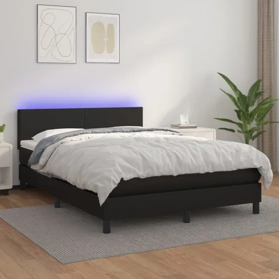 Kontinentalseng 140x190 cm i sort kunstlæder med LED