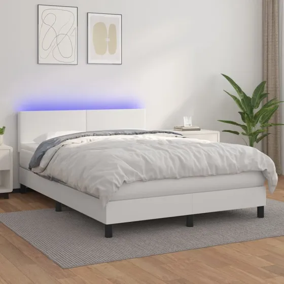 Kontinentalseng 140x190 cm hvid kunstlæder med LED