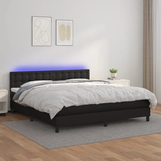 Kontinentalseng 180x200 med LED-lys i sort kunstlæder