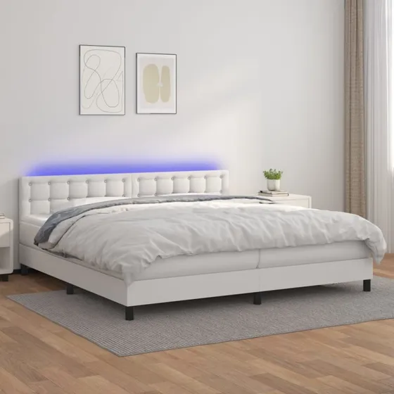 Kontinentalseng 200x200 cm i hvidt kunstlæder med LED