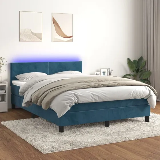 Kontinentalseng 140x200 med madras og LED-lys - mørkeblå fløjl