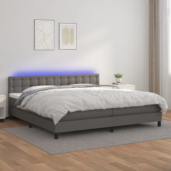 Kontinentalseng 200x200 cm med LED-lys i gråt kunstlæder