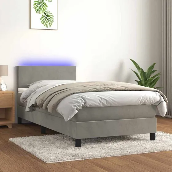 Kontinentalseng 80x200 velour lysegrå med LED og madras