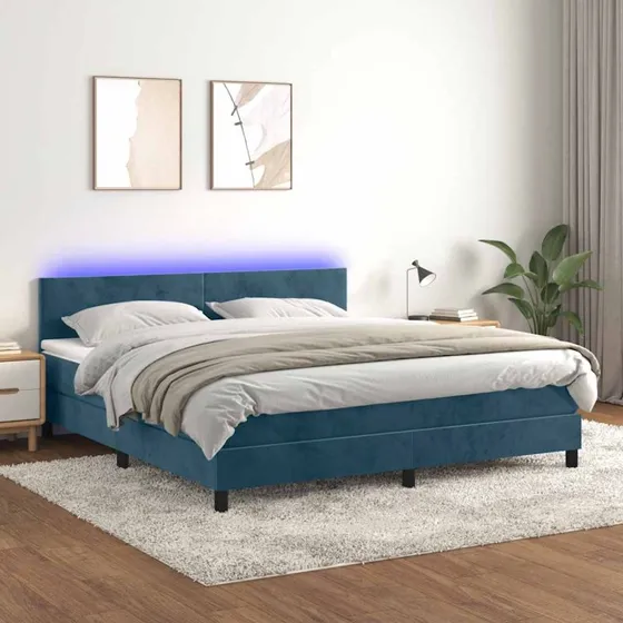 Kontinentalseng 160x200 fløjl mørkeblå med madras & LED