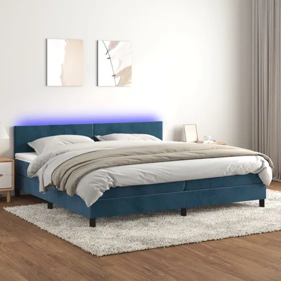 Kontinentalseng 200x200 cm med madras & LED, mørkeblå fløjl