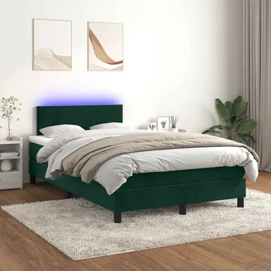 Kontinentalseng 120x200 med madras & LED, fløjl mørkegrøn