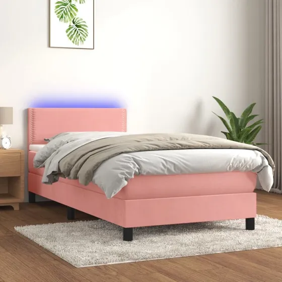 Kontinentalseng 100x200 cm fløjl med madras & LED - lyserød