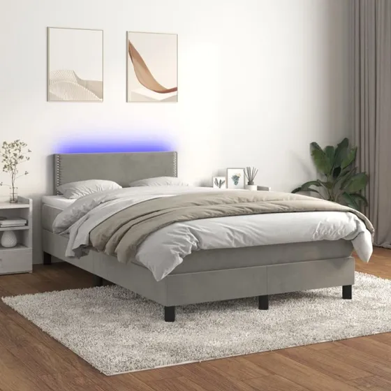Kontinentalseng 120x200 med madras og LED-lys, lysegrå fløjl