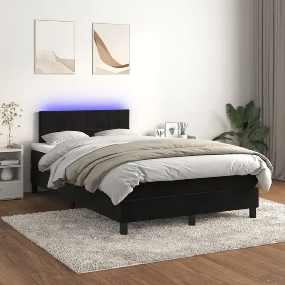 Kontinentalseng 120x200 med madras & LED-lys - sort fløjl