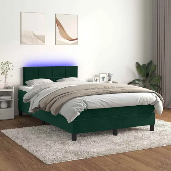 Kontinentalseng 120x200 med madras og LED, fløjl mørkegrøn