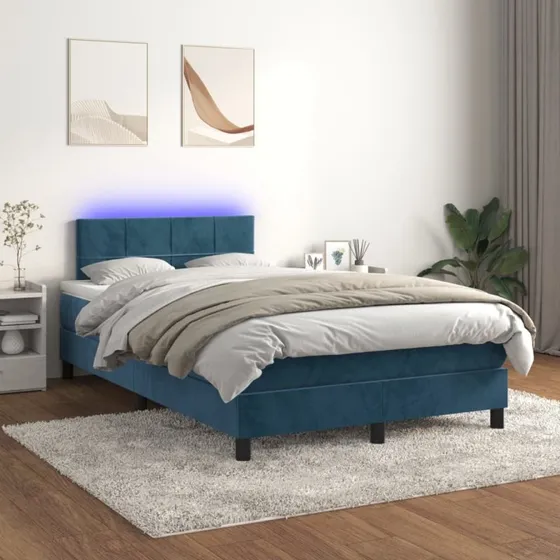 Kontinentalseng 120x200 med madras og LED-lys - mørkeblå fløjl
