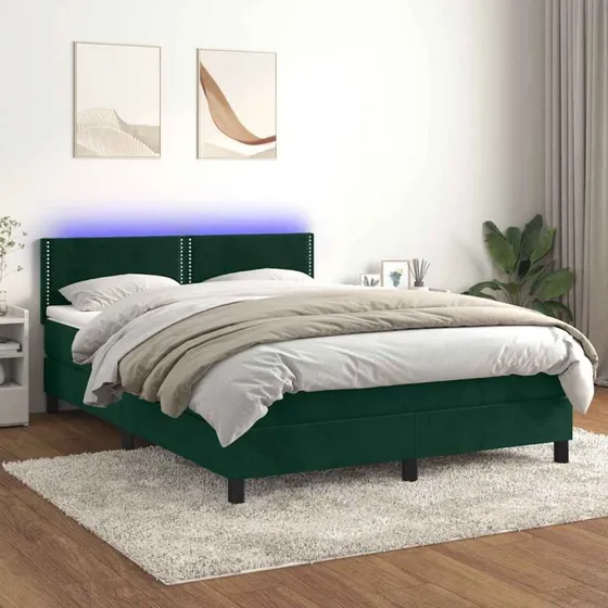 Kontinentalseng 140x200 fløjl m. madras & LED - mørkegrøn