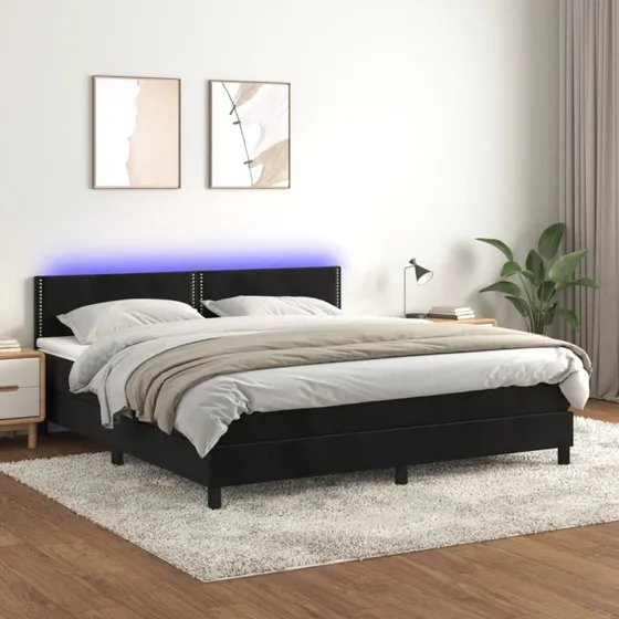 Kontinentalseng 160x200 i sort fløjl med LED-lys og madras