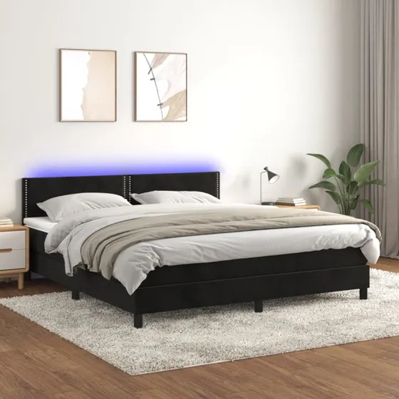 Kontinentalseng 180x200 med madras & LED i sort fløjl
