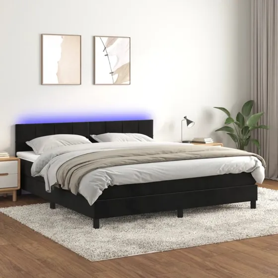 Kontinentalseng 180x200 fløjl med madras & LED-lys, sort