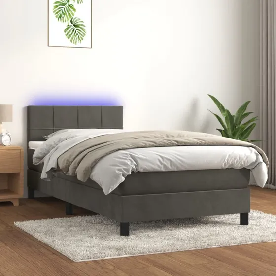 Kontinentalseng 90x190 cm med madras og LED-lys, fløjl mørkegrå