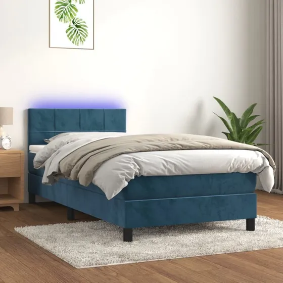 Kontinentalseng 90x200 med madras & LED i mørkeblå fløjl