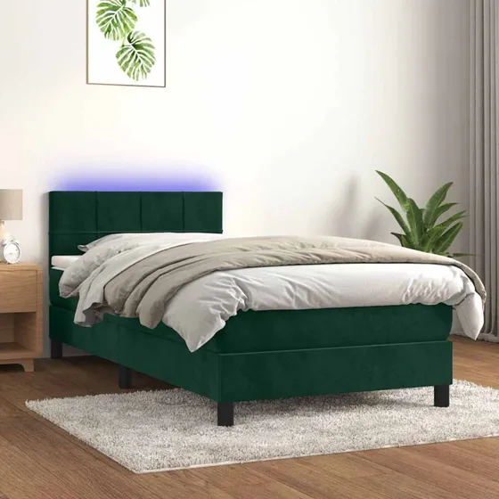 Kontinentalseng 100x200 cm i mørkegrøn fløjl med LED