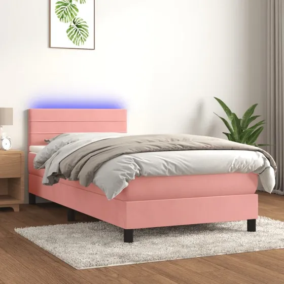 Kontinentalseng 90x200 med madras og LED-lys, lyserød fløjl