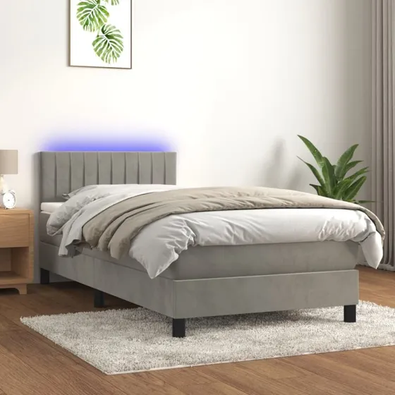 Kontinentalseng 90x200 med madras & LED-lys, lysegrå fløjl