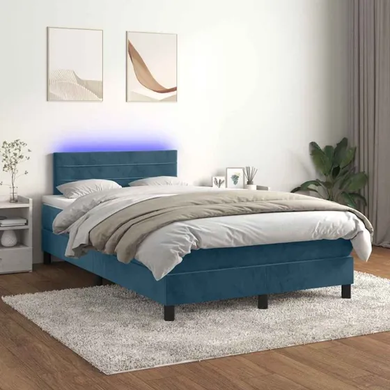 Kontinentalseng 120x200 fløjl mørkeblå med LED-lys og madras