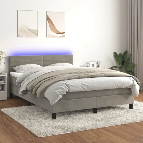 Kontinentalseng 140x200 med madras & LED, fløjl lysegrå