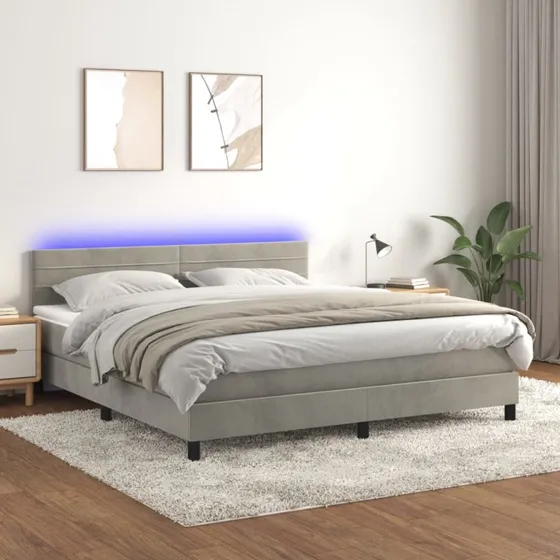Kontinentalseng 180x200 med madras og LED-lys, fløjl lysegrå